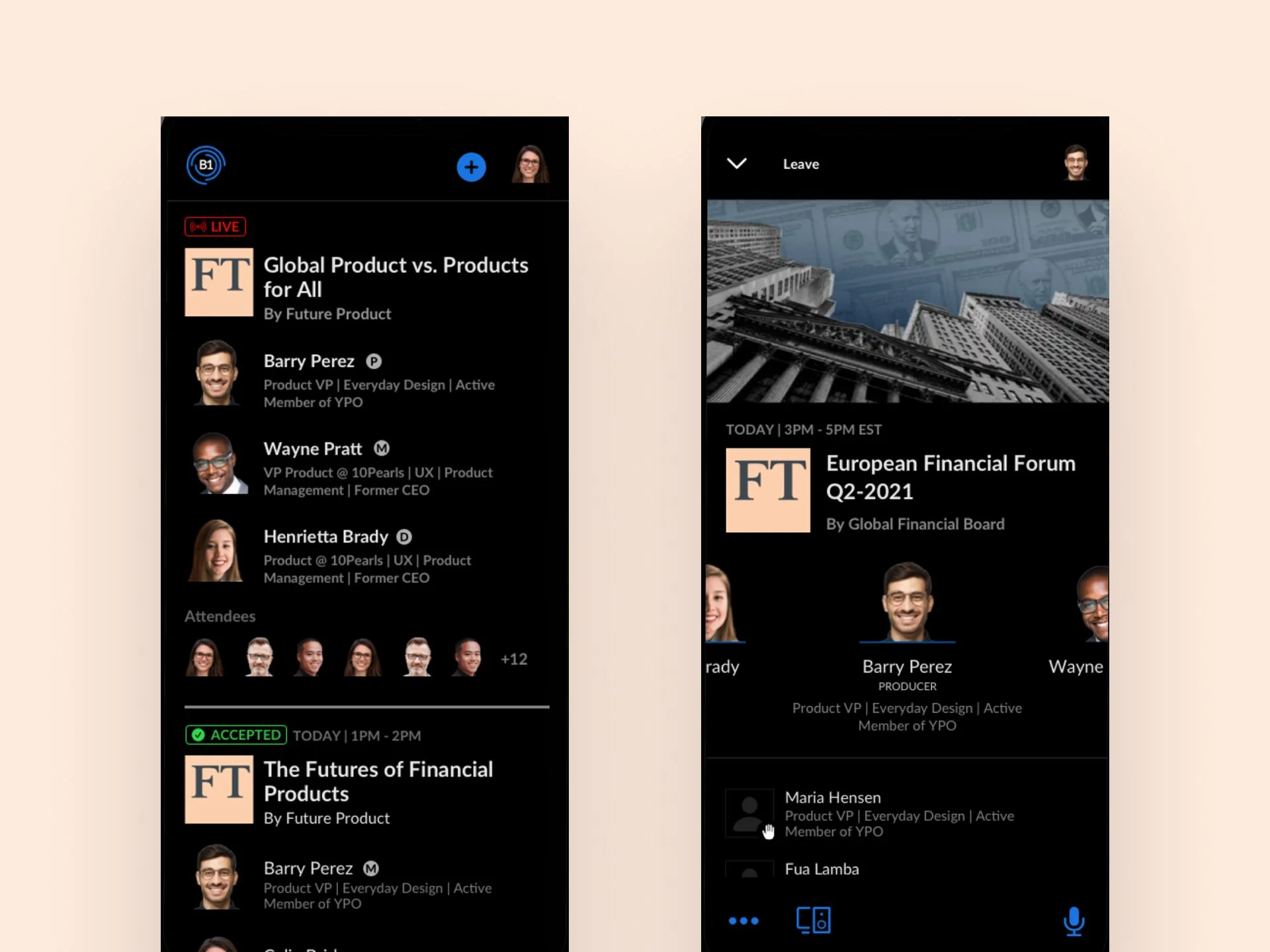 Screenshots of a mobile app showing a virtual conference with scheduled events, speaker information, and attendee list.