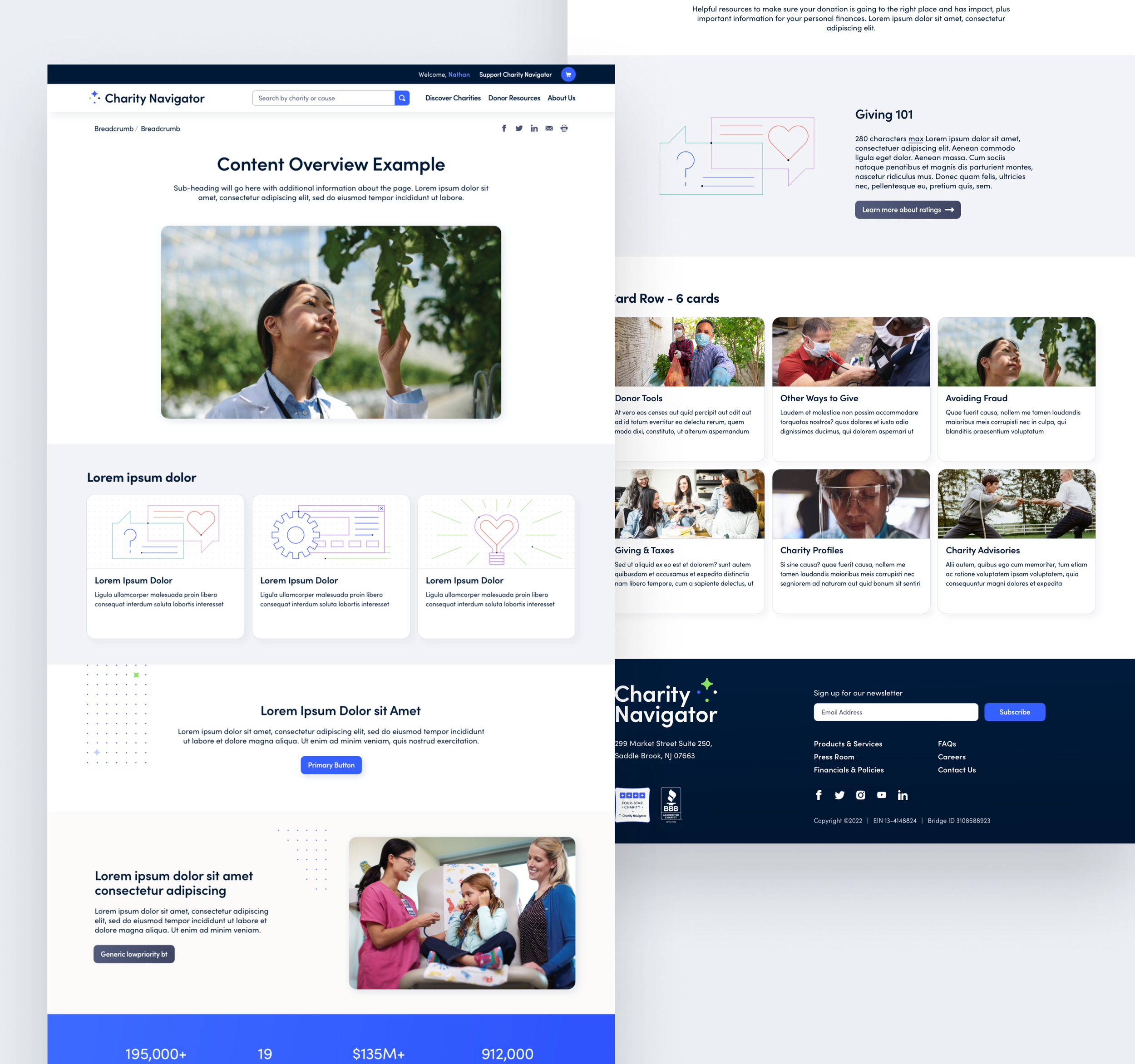 Screenshot of a charity organization website homepage with navigation menu, search bar, content sections, images of people volunteering, fundraising stats, and footer with contact info and links.
