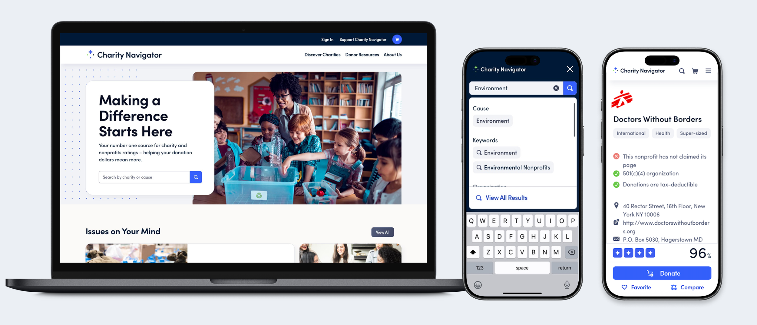 Screenshots of a charity organization website displayed on a laptop, a smartphone showing search results for environmental causes, and another smartphone with nonprofit information. The website features children gathering around a recycling bin with a headline about making a difference, and the mobile screens display search filters and details for nonprofit organizations.