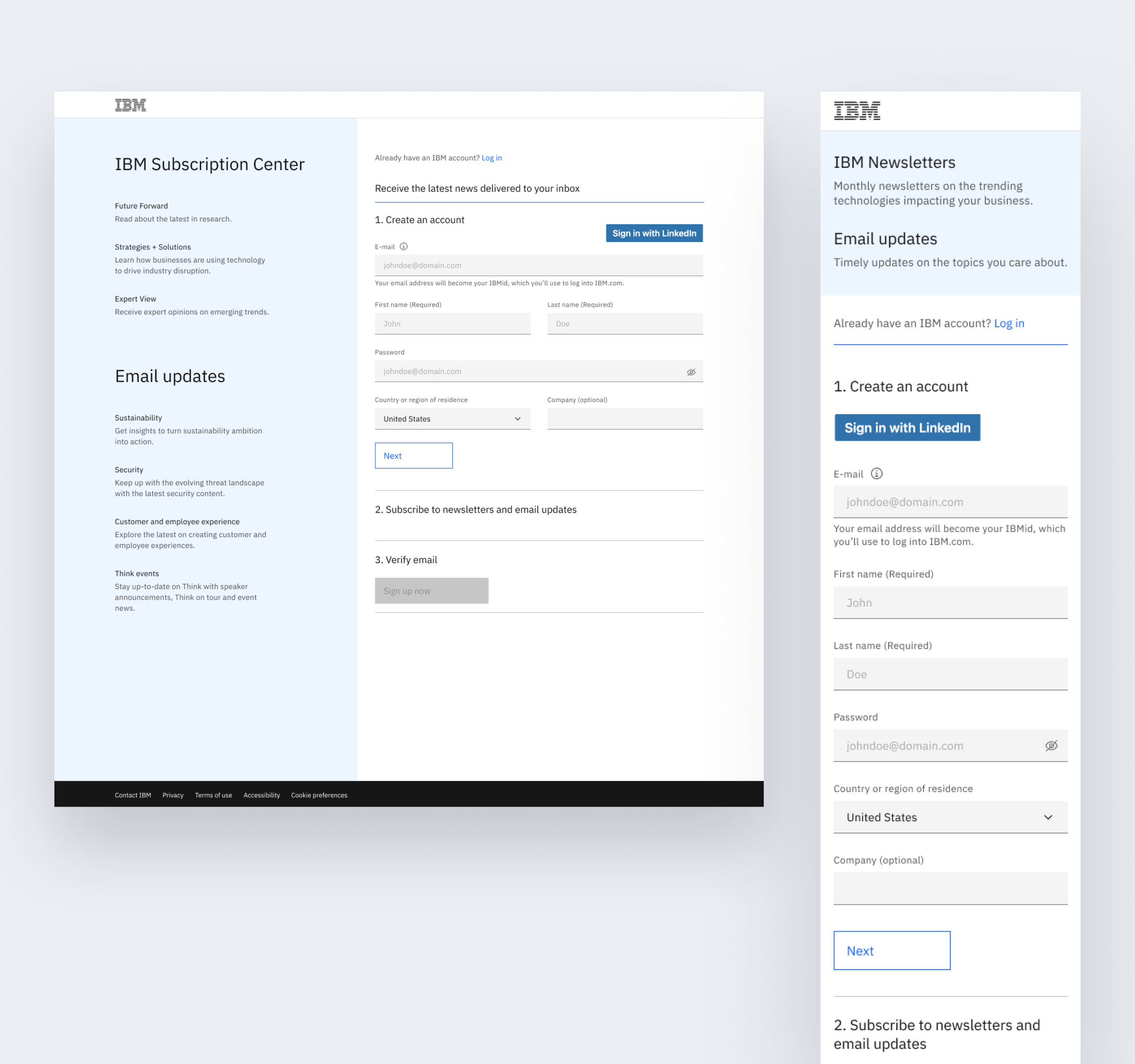 Screenshot of IBM subscription and newsletter sign-up webpage, showing options to create an account, subscribe to emails, and view newsletters.