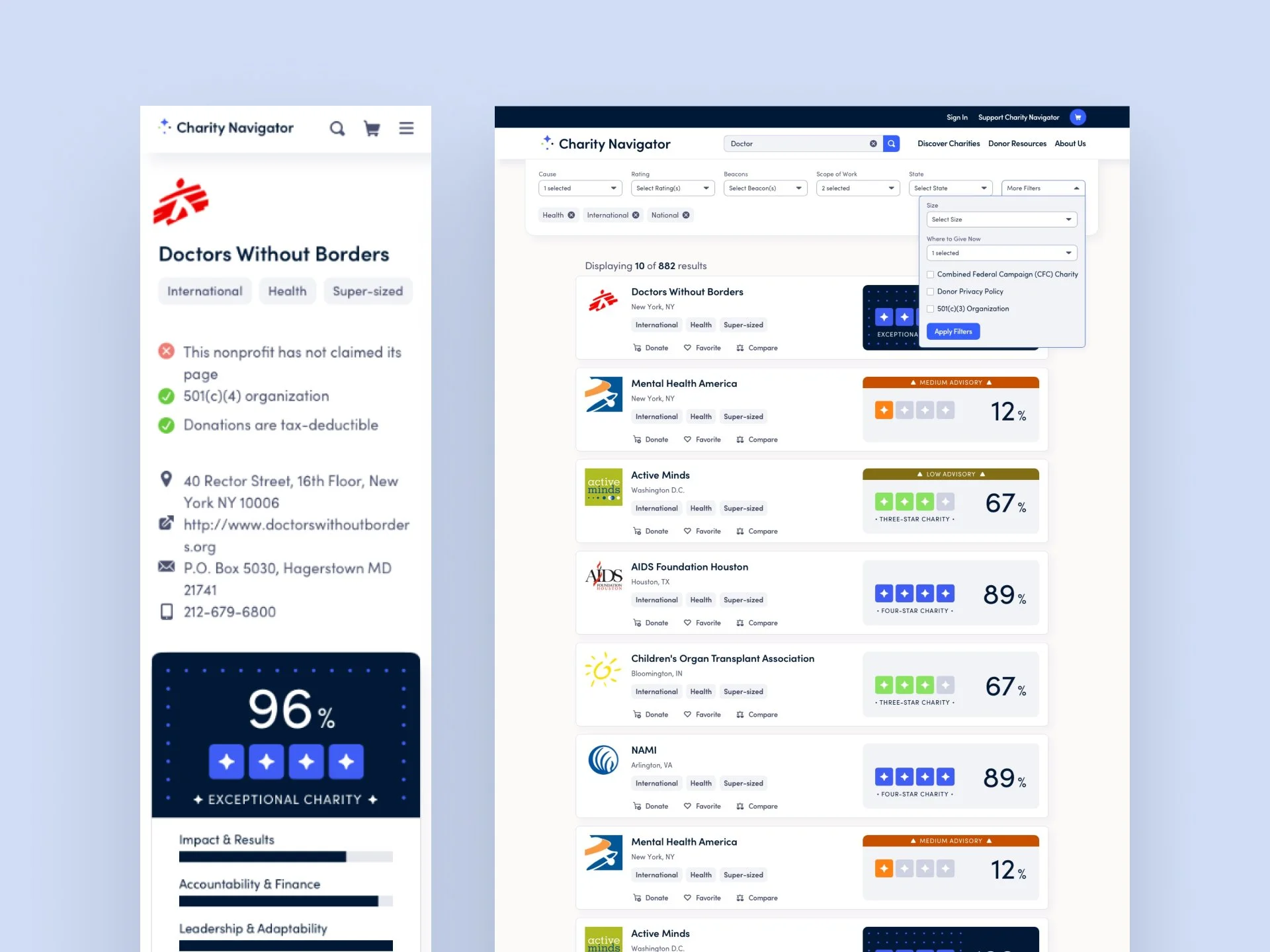 Screenshot of the Charity Navigator website displaying a list of charitable organizations such as Doctors Without Borders, Mental Health America, Active Minds, AIDS Foundation Houston, Children's Organ Transplant Association, NAMI, and Mental Health America, with filters and ratings.