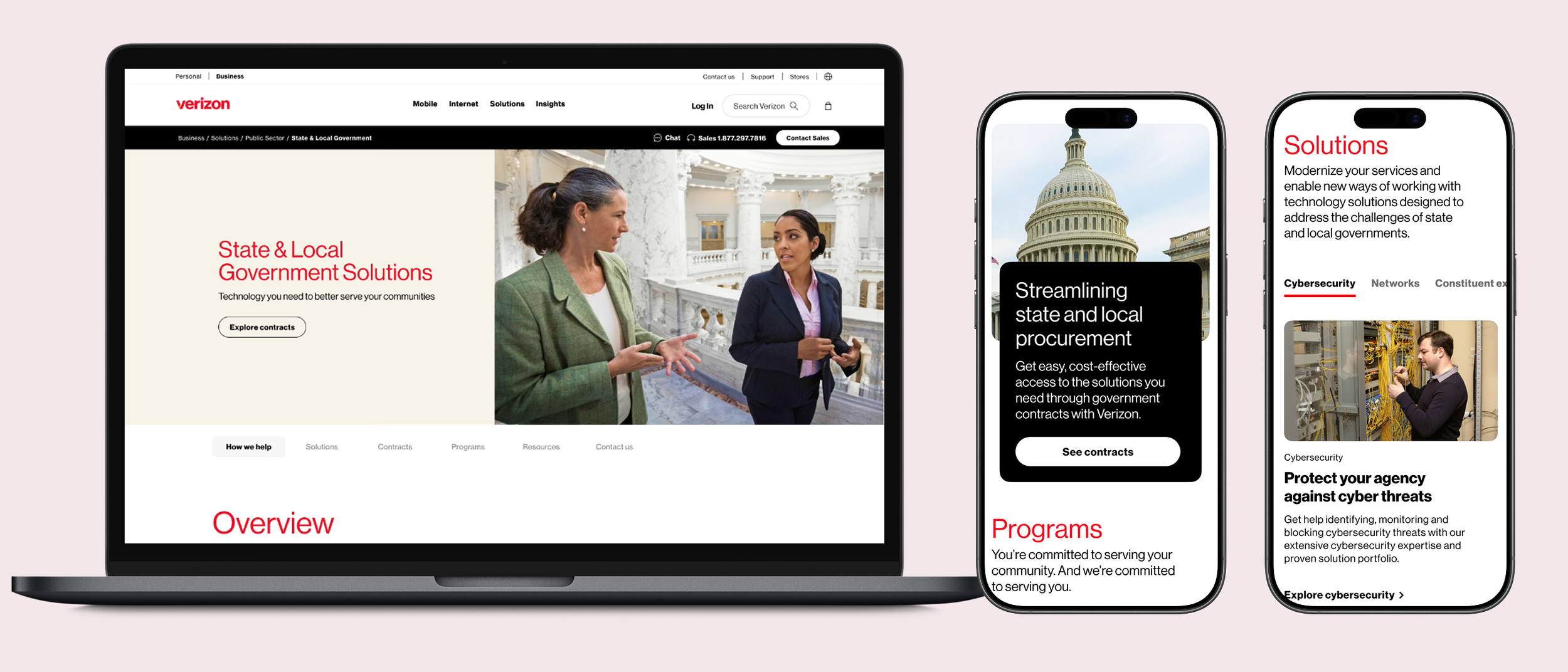 Screenshot of Verizon website displaying solutions for state and local government, including contracts, programs, and cybersecurity options, shown on a laptop and two smartphones.