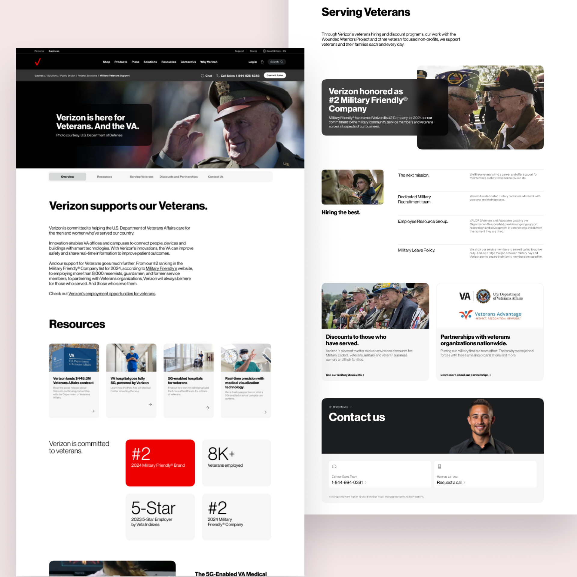 Screenshots of two web pages about Verizon's support and services for veterans, featuring images of veterans and military personnel, with headlines highlighting Verizon's recognition and employment of veterans.