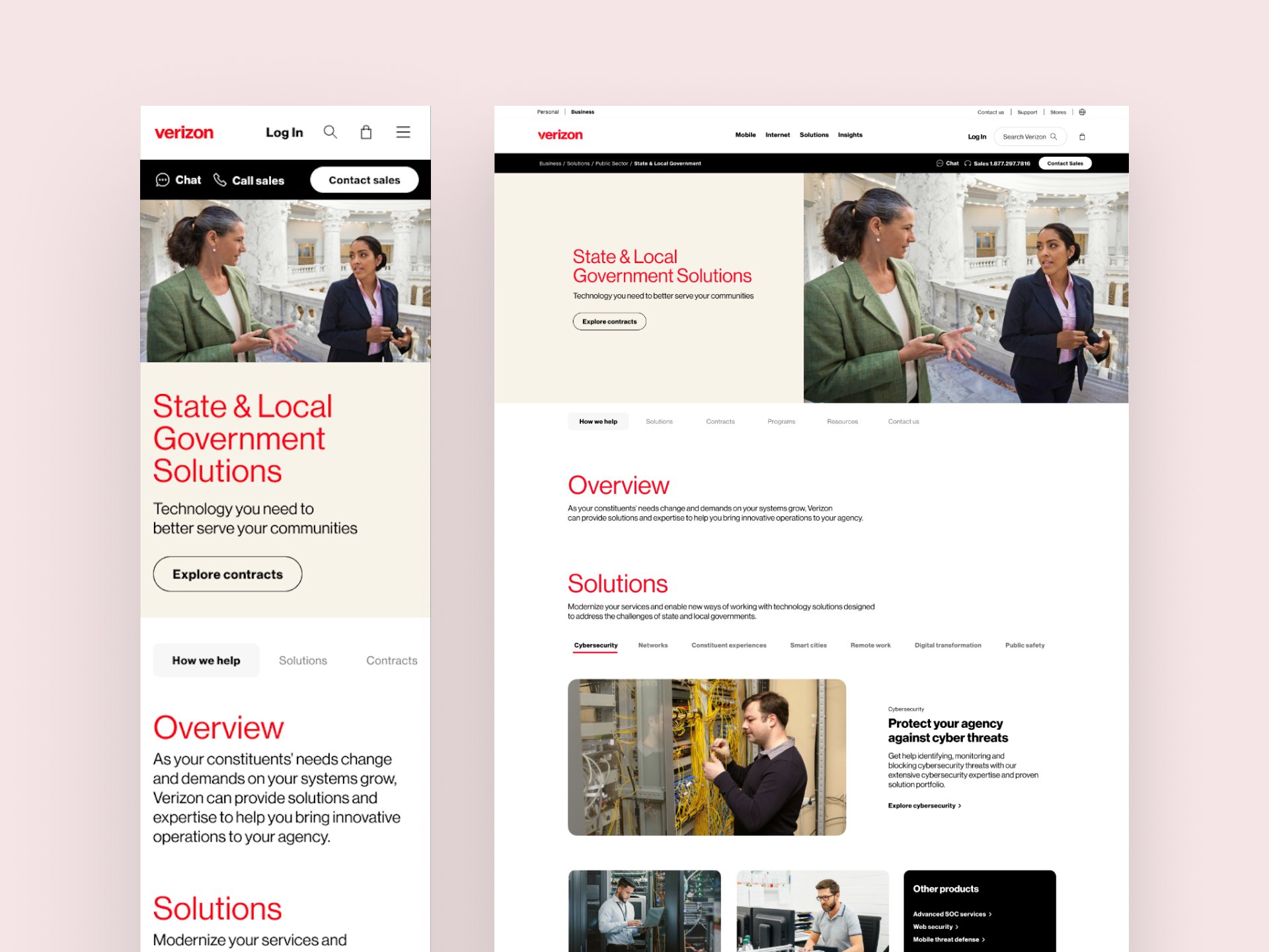 Screenshots of Verizon website pages related to state and local government solutions, featuring images of professionals in discussions and working with technology in office settings.