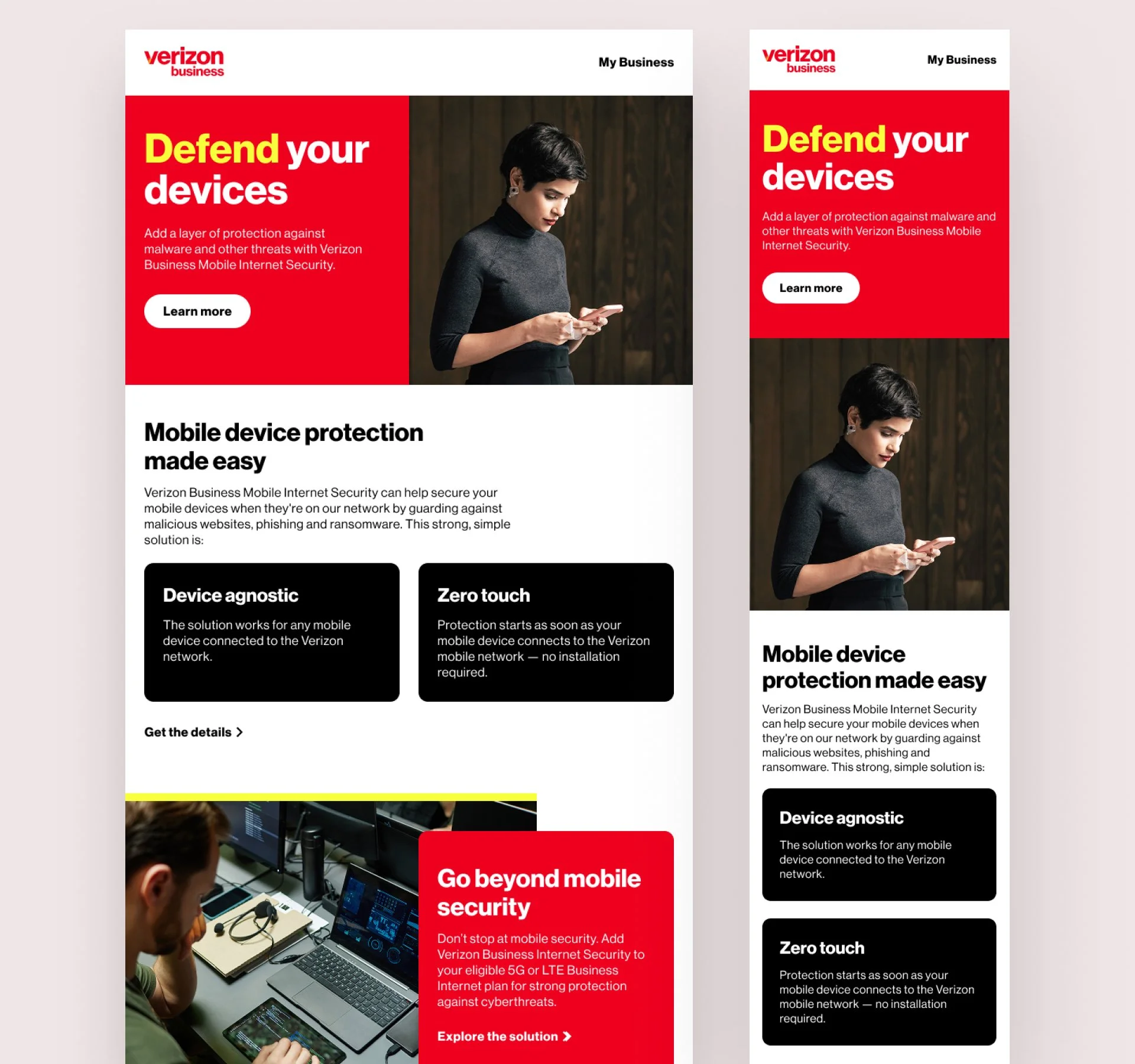 A digital advertisement for Verizon Business highlighting mobile device protection and security, featuring a woman with short dark hair in a gray top looking at her phone, with bold headlines and call-to-action buttons.