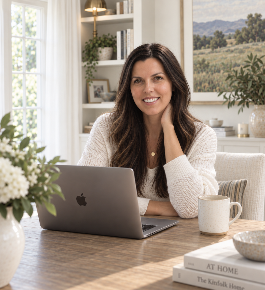 A woman sitting at a wooden table with an open laptop, a coffee mug, and a flower vase in a well-lit, cozy living room with bookshelves and a large window.