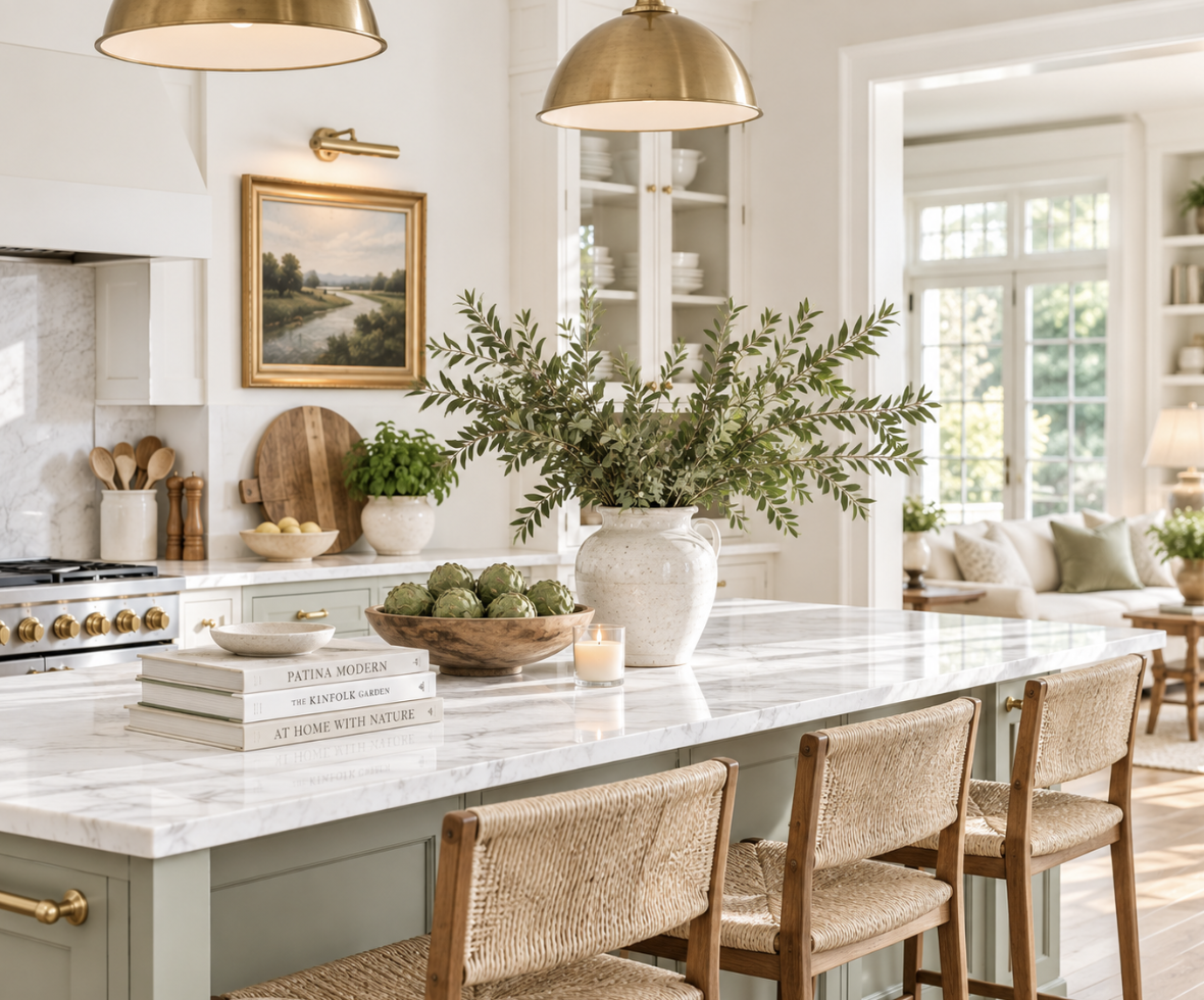A bright kitchen with white cabinets, a marble island countertop, a large vase with greenery, a candle, artichokes, books, and wooden chairs, with a view into a living room with large windows and a sofa.