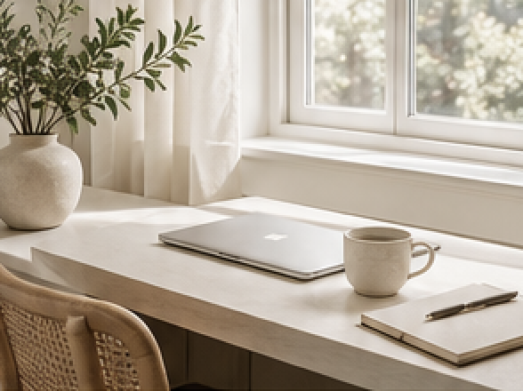 A desk near a window with a laptop, a coffee mug, a notebook with a pen, a potted plant, and curtains.