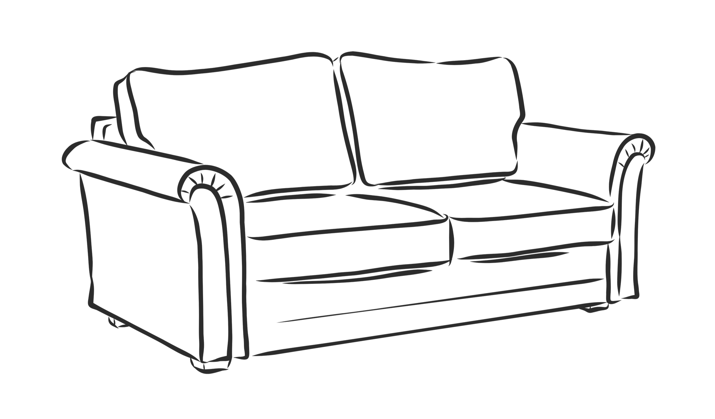 A black and white line drawing of a sofa with three cushions and rolled arms on both sides.