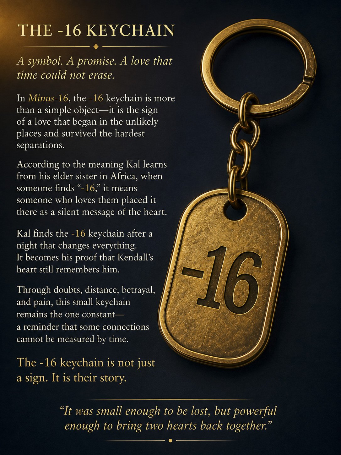 Gold- colored -16 keychain with '-16' engraved on it, accompanied by informational text about its significance as a symbol of love and connection.