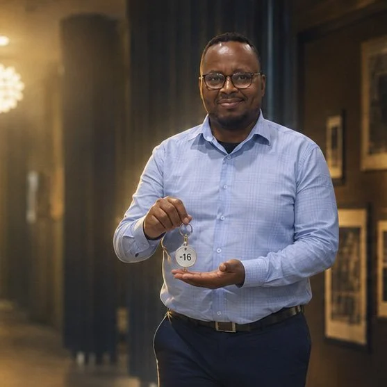 A man in a blue shirt holding a key with '-16' written on it, standing indoors.