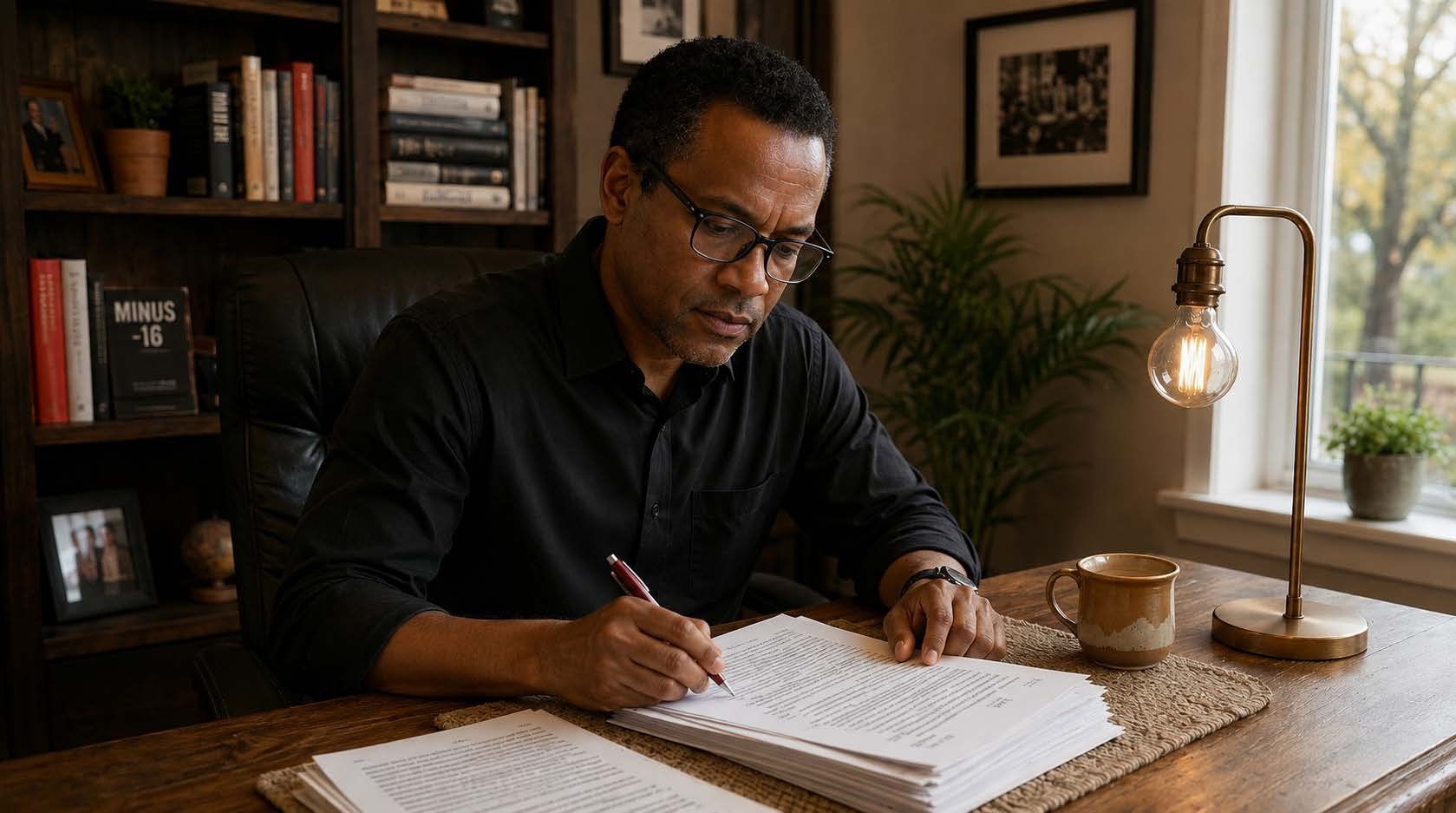 A man sitting at a wooden desk, writing on documents with a red pen, in a cozy room with a bookshelf, framed pictures, a plant, a coffee mug, and a modern desk lamp with an exposed bulb.
