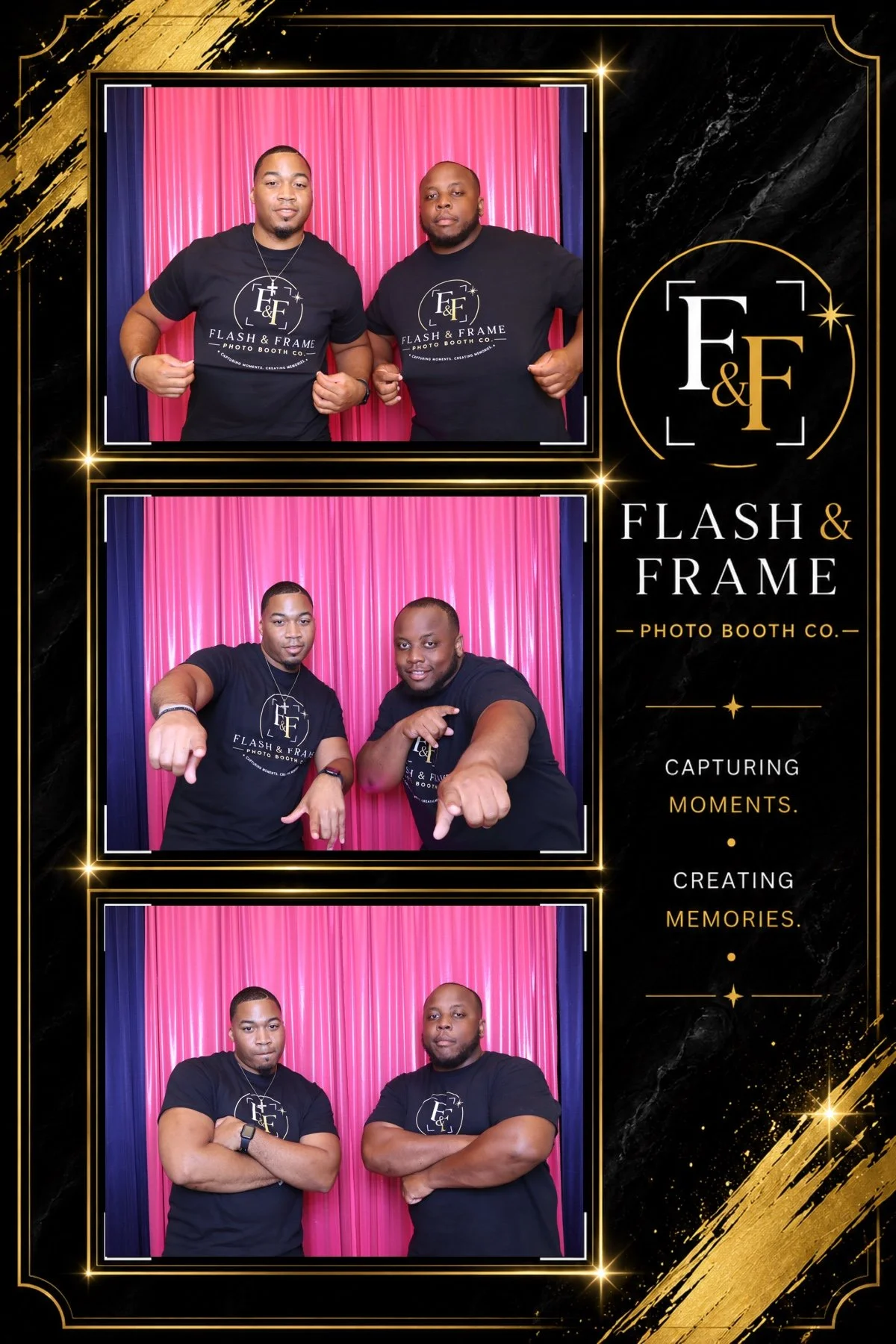 Three photo booth strips showing two men posing in front of pink and blue curtains. Both men wear black T-shirts with a logo for Flash & Frame Photo Booth Co. and are making different hand gestures in each strip. The right side features branding for 