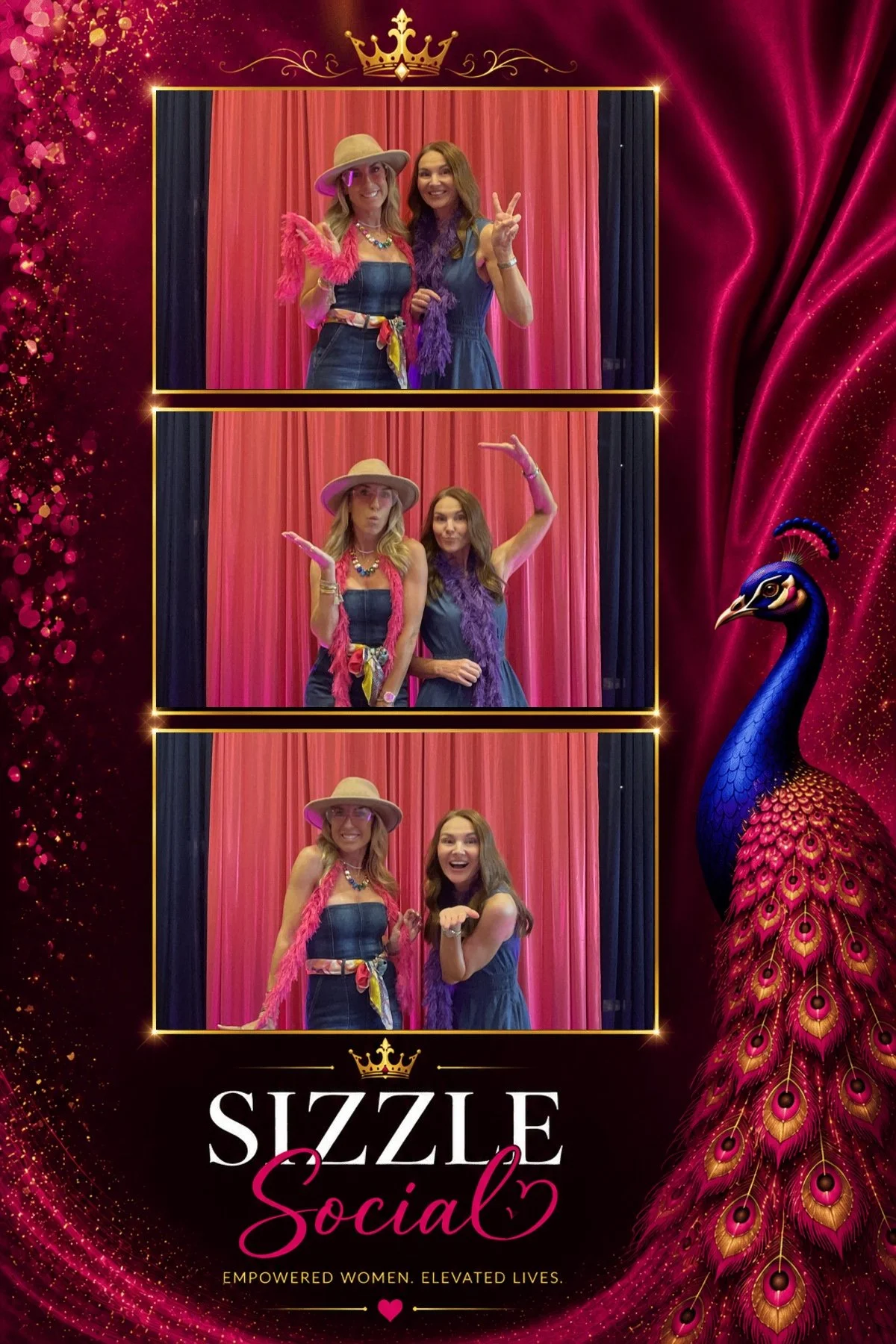 A photo booth strip with three pictures of two women posing together, wearing colorful outfits and accessories, against a pink curtain background. The booth is framed with a decorative pink and gold design featuring a peacock and the text 'Sizzle Soc