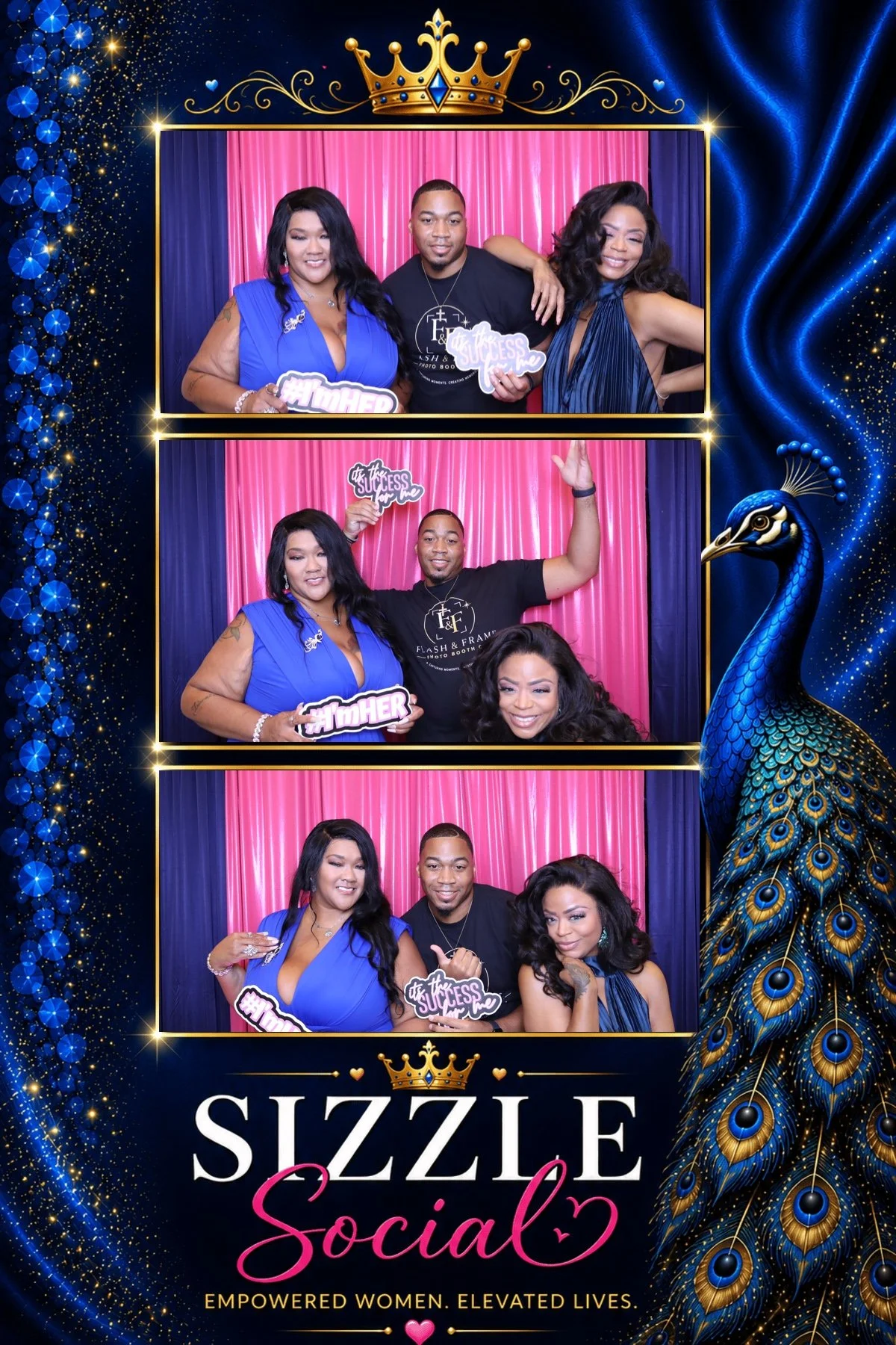 A collage with three photo booth images of women and men at an event, with a decorative border featuring a peacock and a crown, and the text "SIZZLE Social" and "Empowered Women. Elevated Lives."