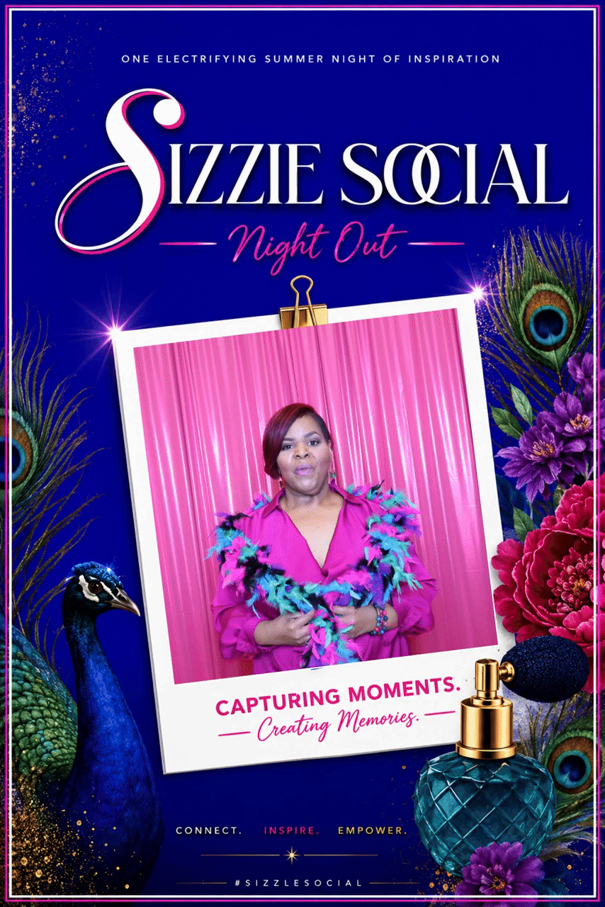 Promotional poster for Sizzlee Social Night Out with peacock feathers, purple flowers, and a woman wearing a pink dress and feathered accessory.