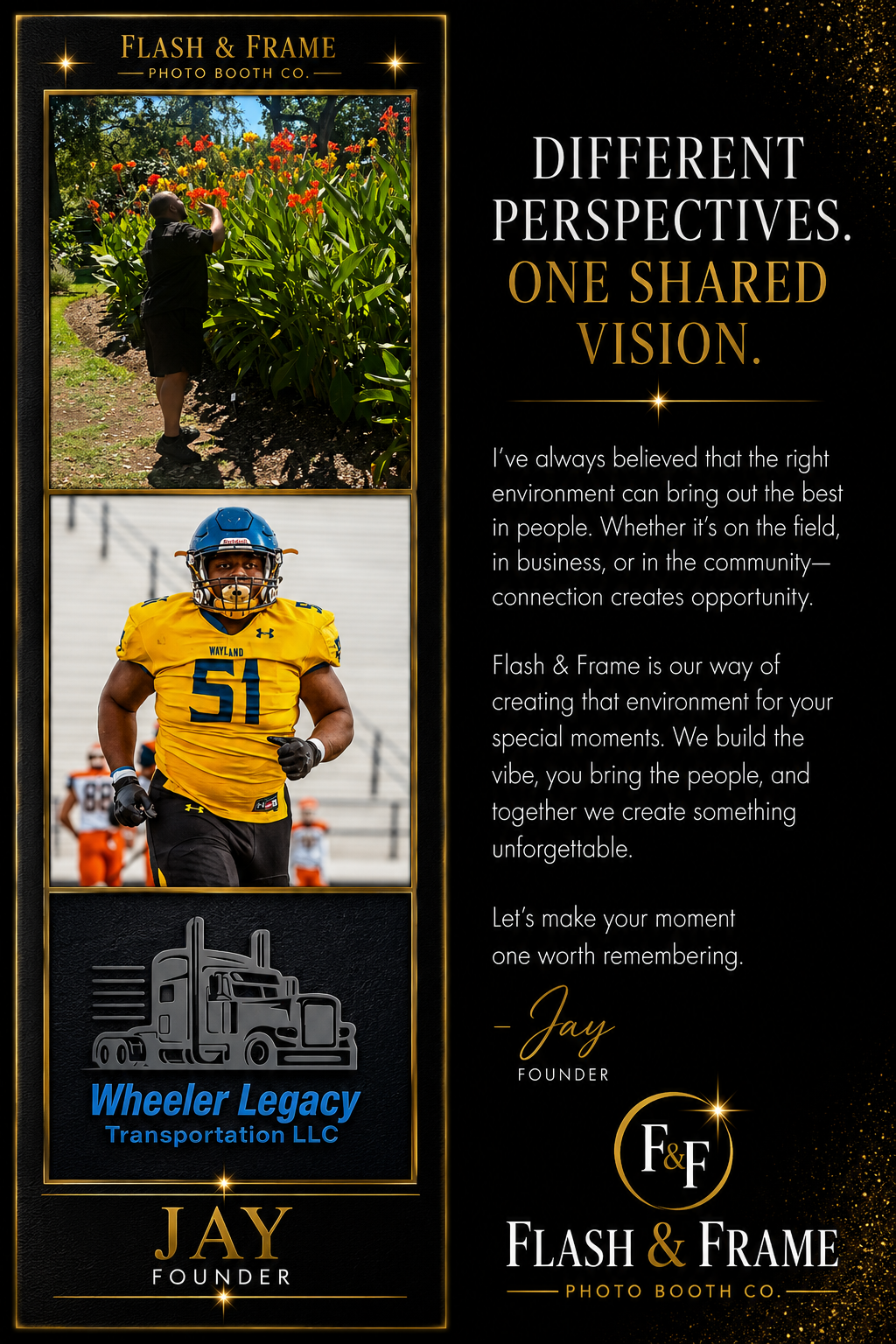 Two photos side by side. The top photo shows a person smelling flowers in a garden or park. The bottom photo shows an American football player wearing a yellow jersey and helmet, running on the field. Adjacent to the photos, there is text describing the importance of shared perspectives and creating memorable environments, with signage for Wheeler Legacy Transportation LLC and Flash & Frame Photo Booth Co.