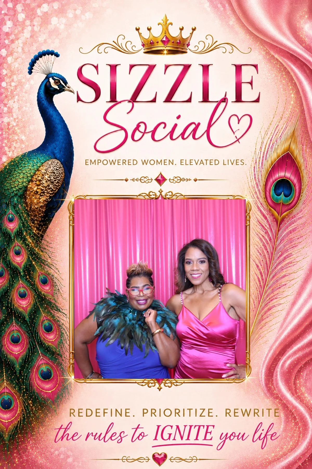 A decorative poster for a social event called 'Size Social' features a large peacock on the left, a crown at the top center, and two women smiling in front of a pink background with fabric drapes. The slogan reads 'Redefine. Prioritize. Rewrite the r