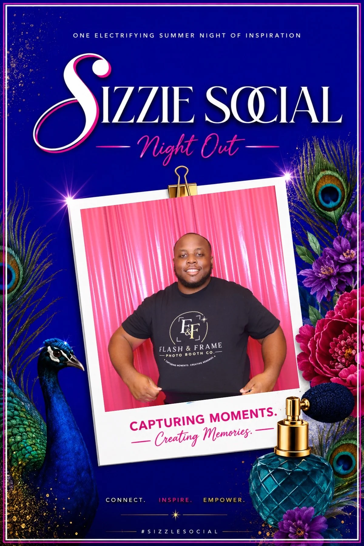 Promotional poster for Sizzlie Social Night Out featuring a woman in a photo booth with a pink backdrop, surrounded by peacock feathers, flowers, and perfume bottles, with event tagline "Capturing Moments, Creating Memories."