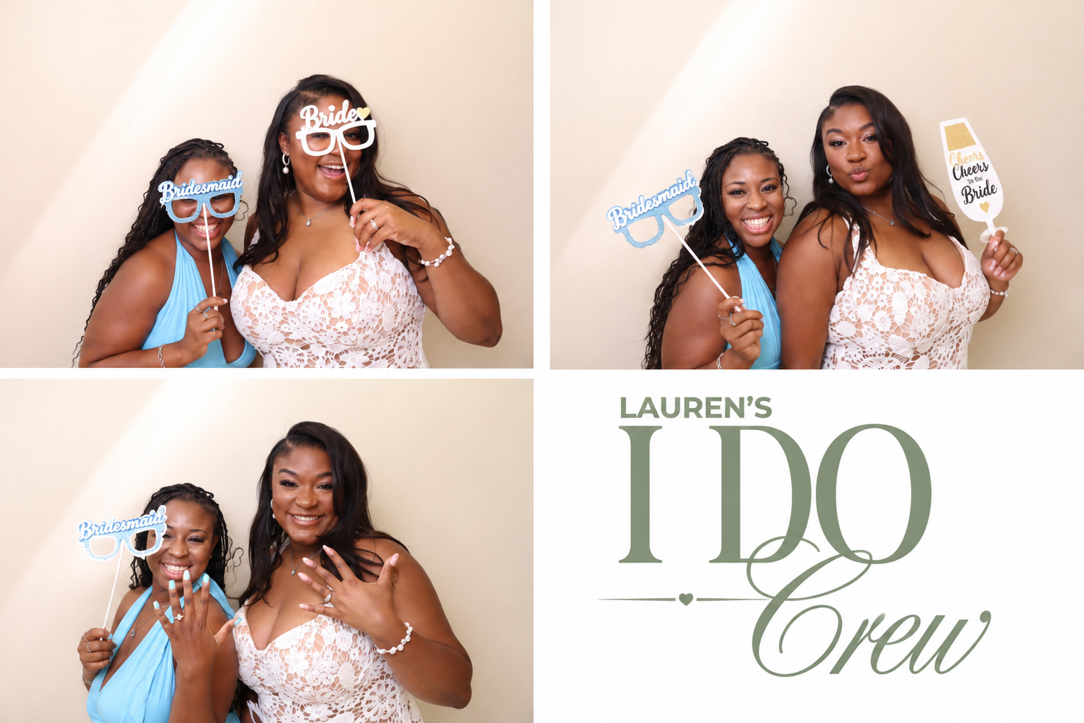 Three women at a bridal celebration, one wearing a blue bridesmaid dress, another in white lace, holding photo booth props with captions 'Bridesmaid' and 'Cheers to the Bride', smiling and posing in front of a beige wall, with a graphic that says "La