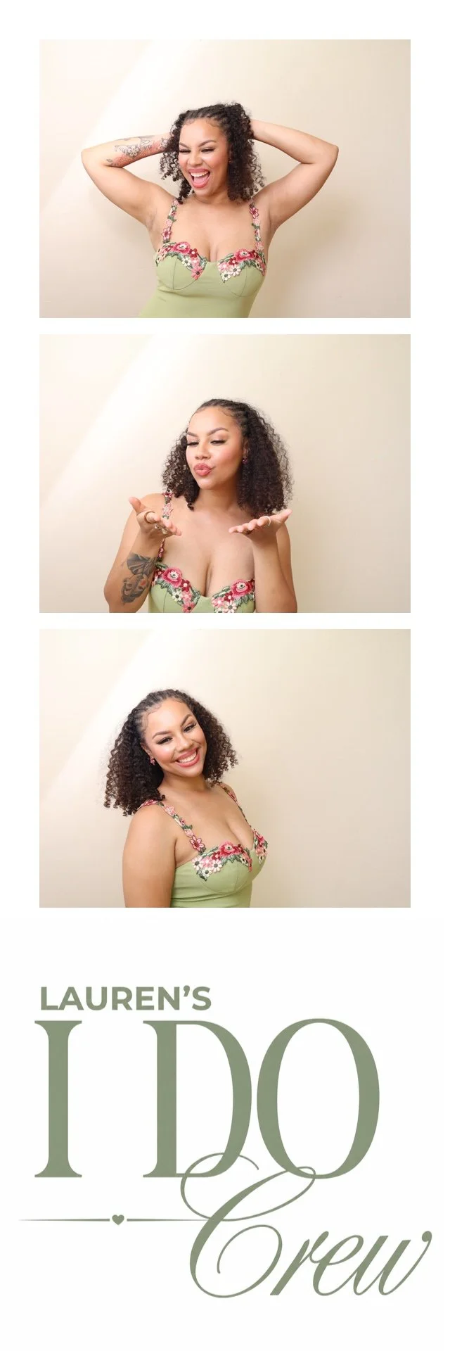 A woman with curly dark hair, wearing a green dress with floral embroidery, making different playful poses and expressions in front of a plain beige background, with a logo that reads 'Lauren's I Do Crew' at the bottom.