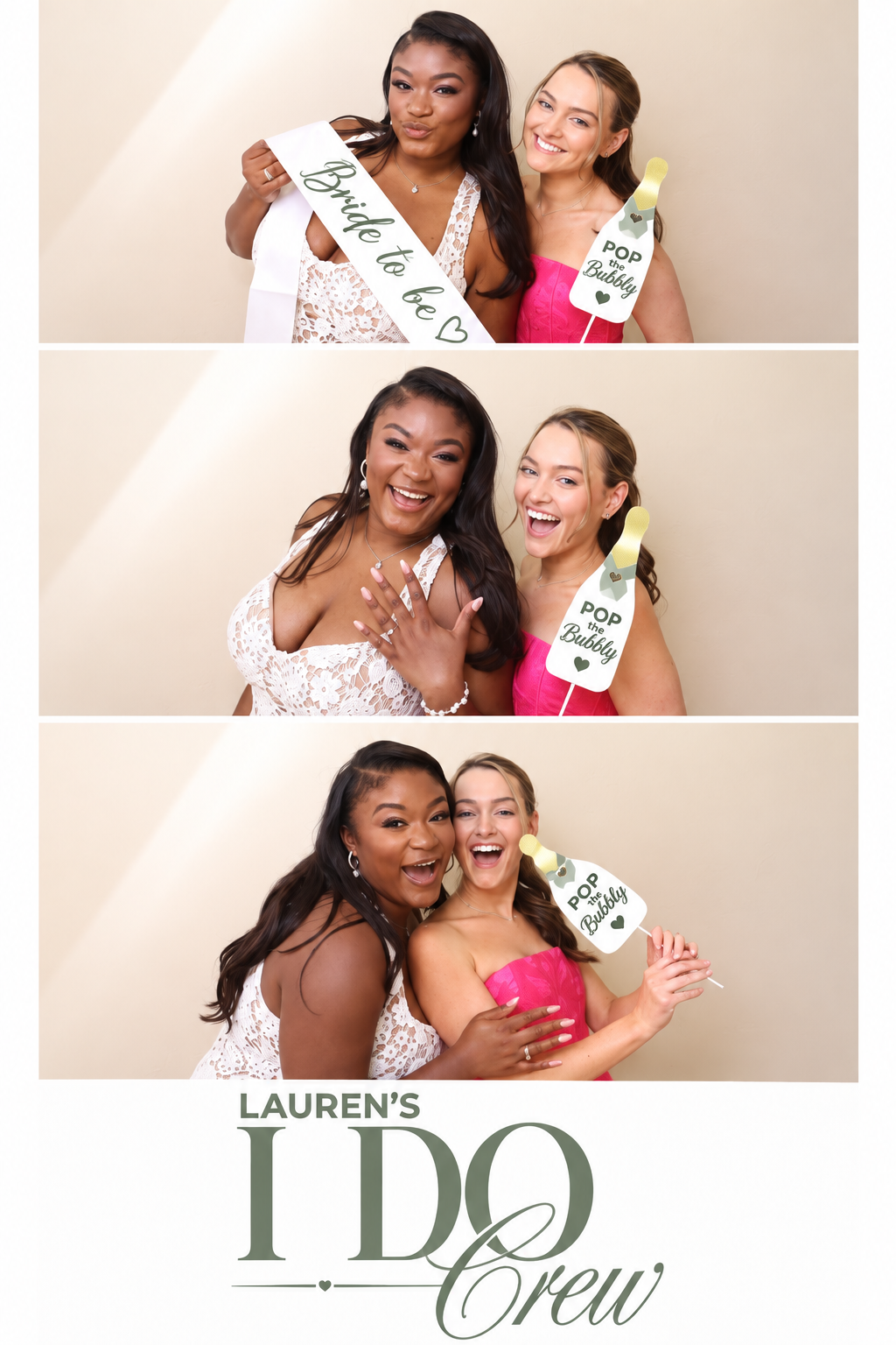 Three women celebrating at a bridal shower or bachelorette party, taking photos in a photo booth with props. One woman is wearing a white dress with a sash that says 'Bride to be.' They are holding fun signs and smiling happily.