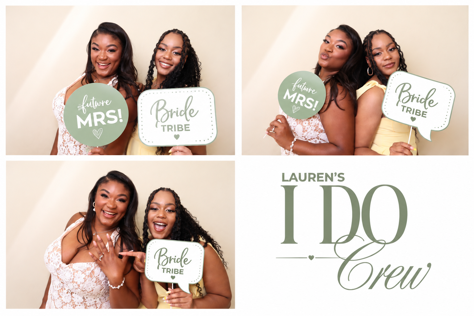 Three women posing at a bridal event, holding signs that read 'Future MRS!', 'Bride Tribe', and 'Bride Tribe'. The woman in the top left and bottom left photos is wearing a white lace dress, and the woman in the top right and bottom right photos is w