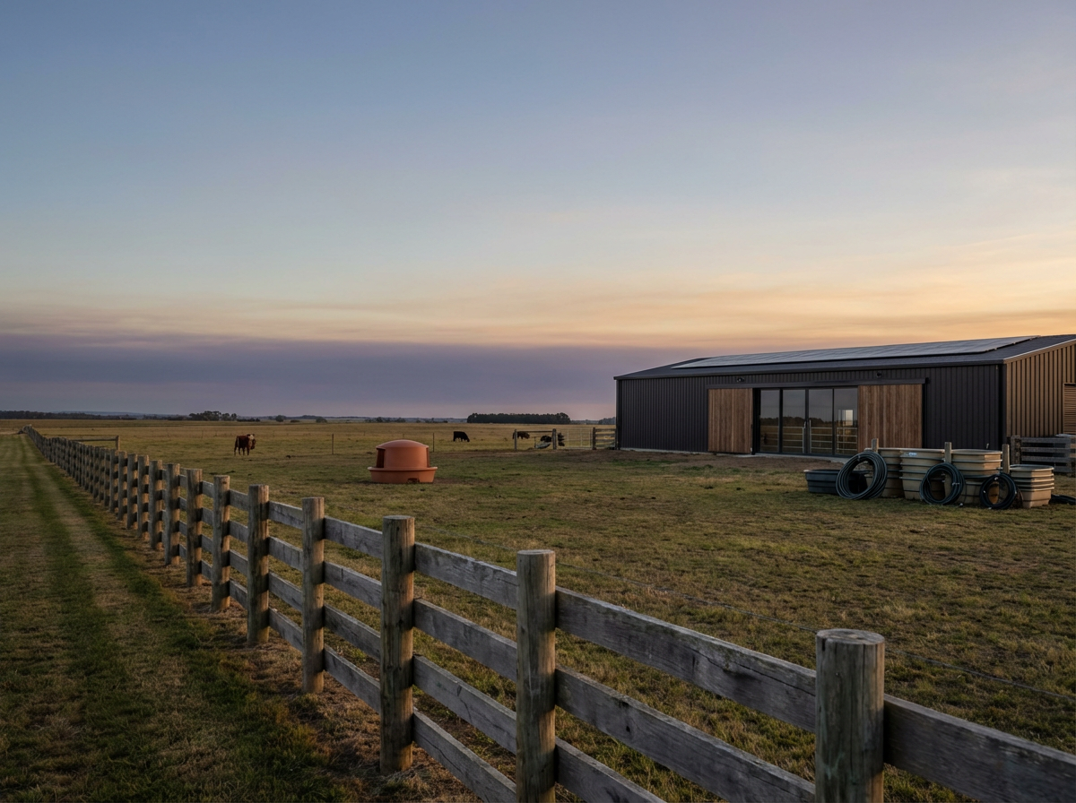 A rural farm scene at sunset with a barn, fenced pasture, grazing pig, goats, geese, chickens, ducks, and farm equipment.