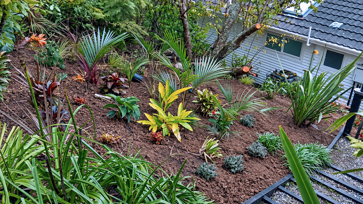 A landscaped garden with various colorful and green plants, mulch ground cover, and a house in the background.