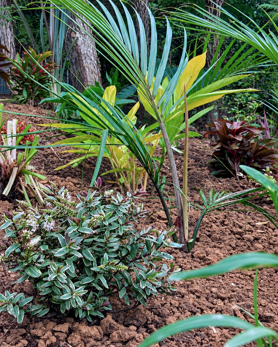A garden with various green plants and shrubs, including a small bush with white flowers in the foreground, and larger leafy plants with yellow and green leaves. The soil is visible, and there are trees in the background.