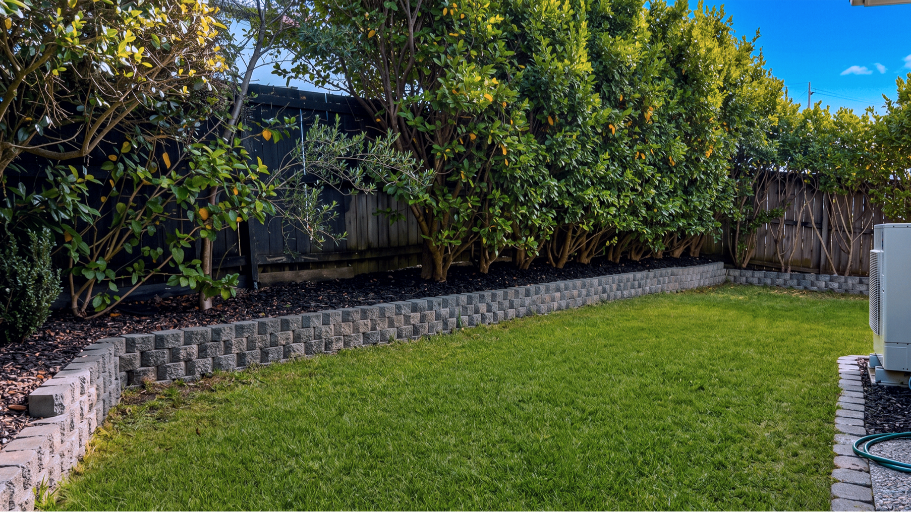 Well-maintained backyard with green grass, a row of bushes with trees behind a black wood fence, and a gray backyard wall with a garden hose on the ground. Auckland landscaping company.