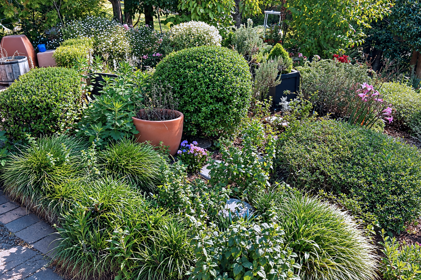 A lush garden with assorted green shrubs, flowering plants, and potted plants, bordered by a brick pathway on the left side.