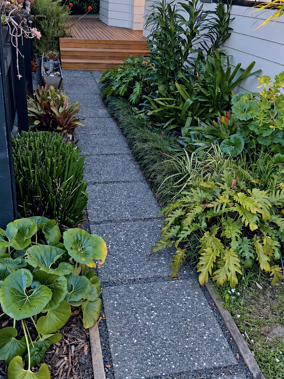 A stone pathway leading to a wooden deck outside a house, bordered by lush green plants and shrubs.