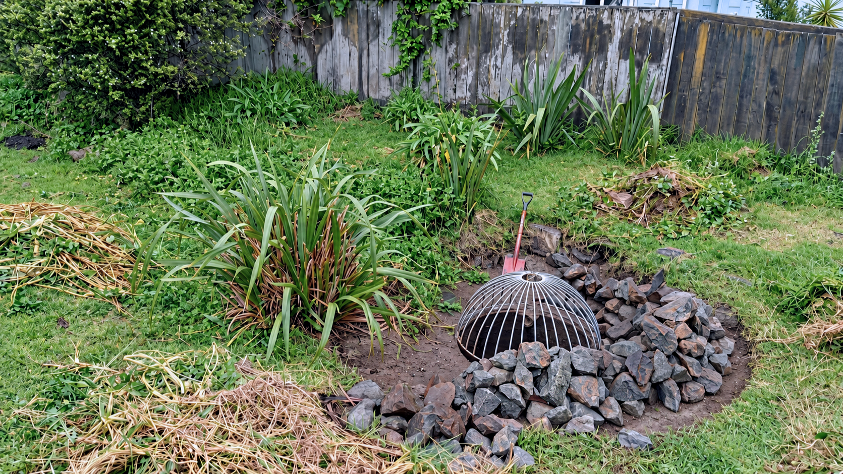 A garden with green grass, various plants, and bushes. A partially buried metal shell structure surrounded by rocks, with a small shovel nearby. Wooden fence in the background.