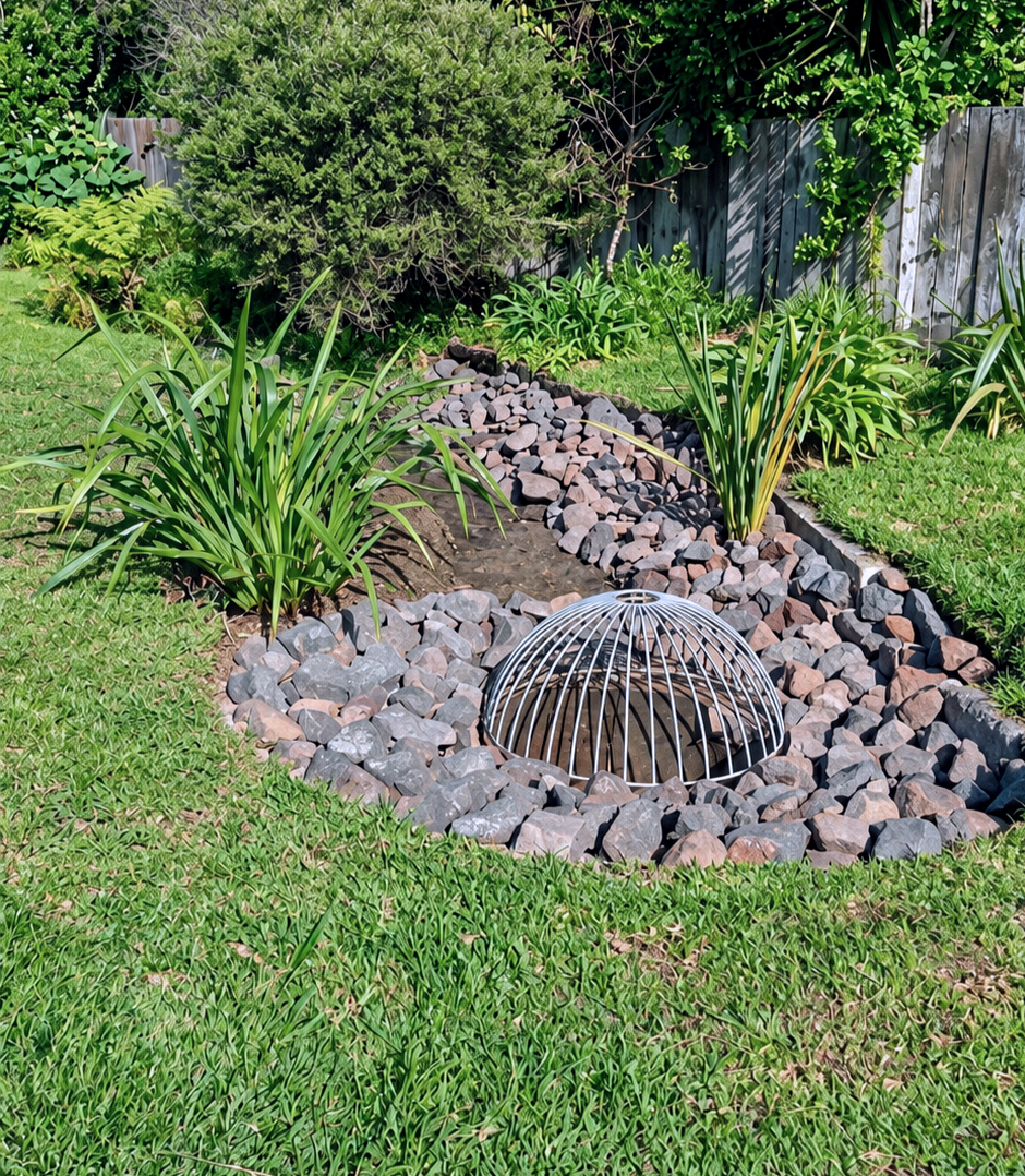 A garden with green grass, large leafy plants, a bush, and a rock border around a circular sprinkler head covered with a metal grate.