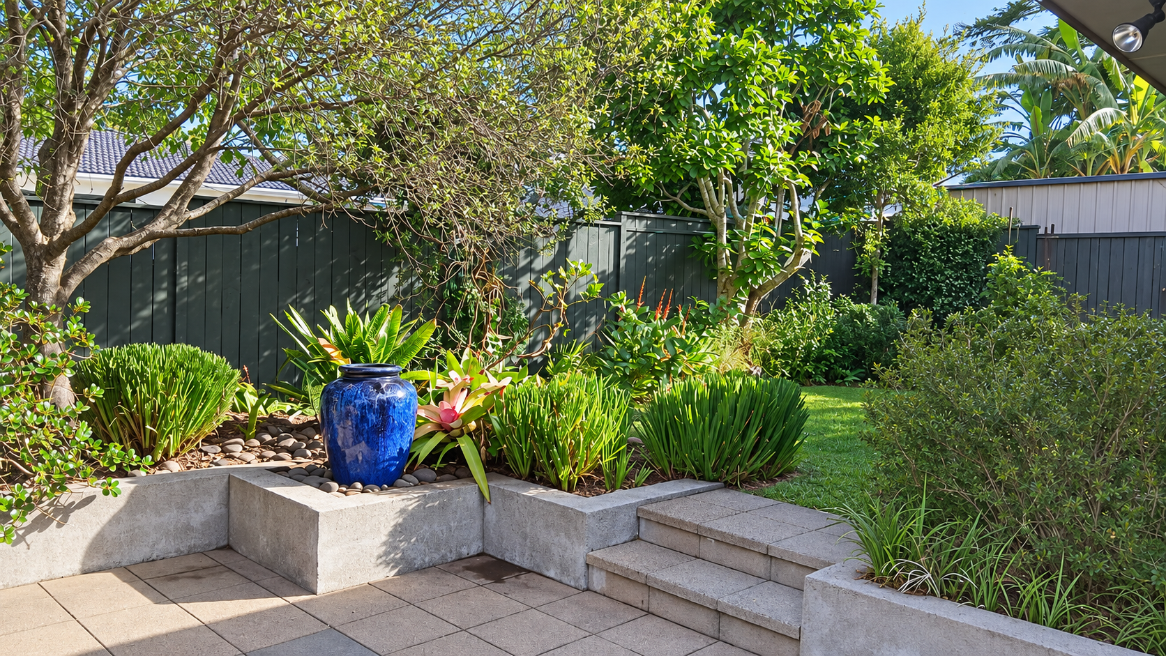 A backyard garden with green plants, trees, a blue ceramic pot, and a black wooden fence. There is a paved patio area with a set of small steps leading to a grassy lawn.