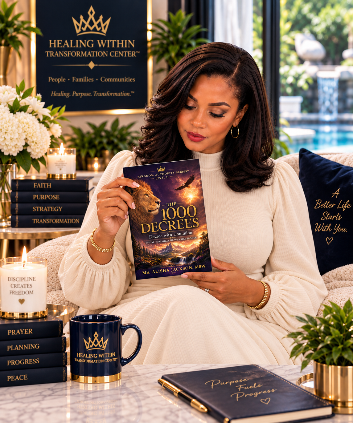 A woman sitting on a couch holding a book titled 'The 1000 Degrees' by Ms. Alisha Jackson, surrounded by decorative items, candles, and books with inspiring titles, in a well-lit room with a blue and gold sign for 'Healing Within Transformation Center' visible in the background.