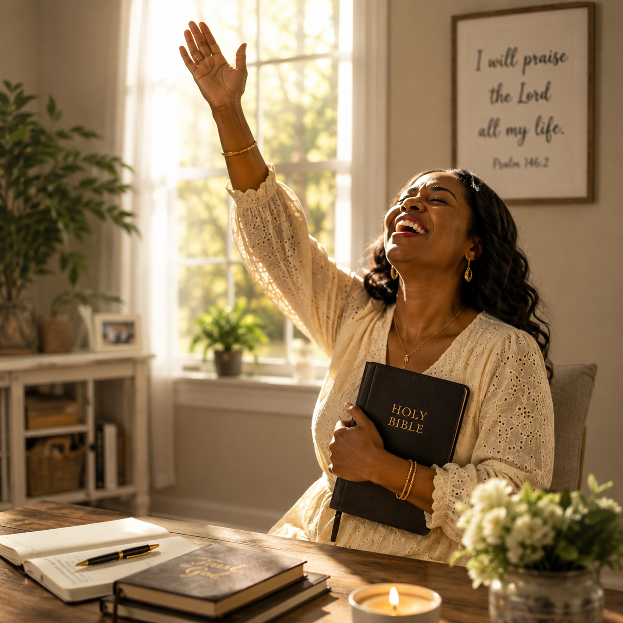 Woman praising the Lord for the answers she needs