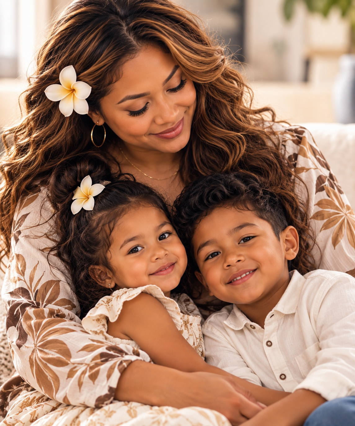 A woman with long brown hair, wearing floral clothing and a flower in her hair, sitting on a couch with two young children, a girl and a boy, all smiling and hugging each other in a bright, cozy room.