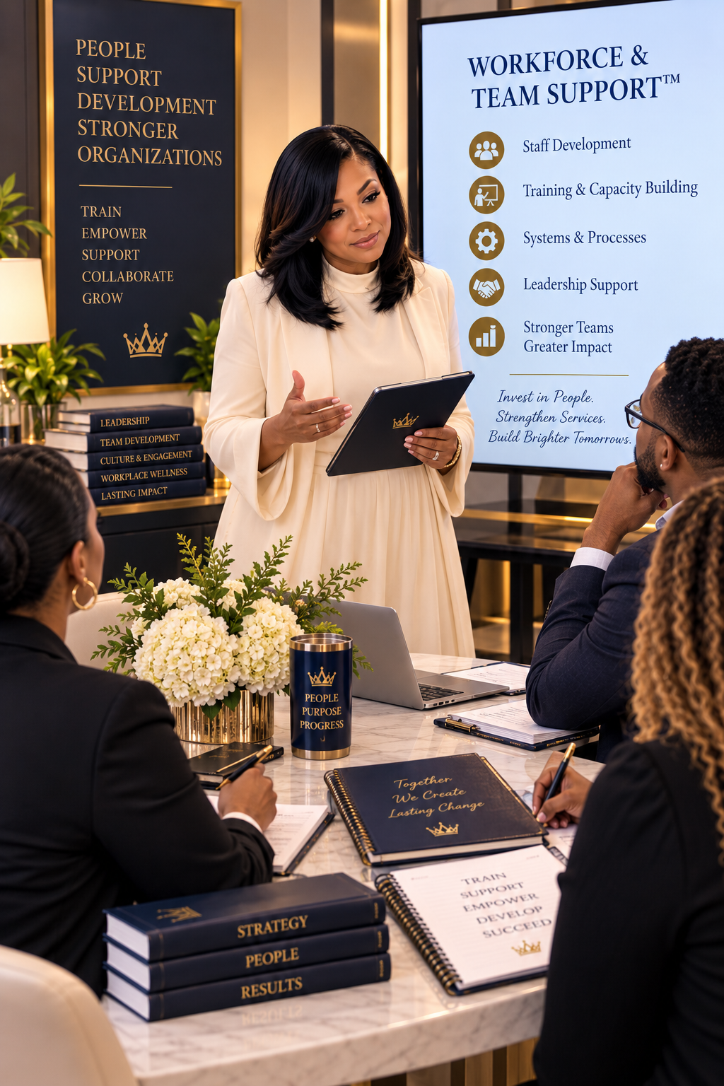 Business woman giving a presentation in a conference room with three attendees seated at a table, a large screen displaying workforce and team support information, and books about leadership and strategy on the table.
