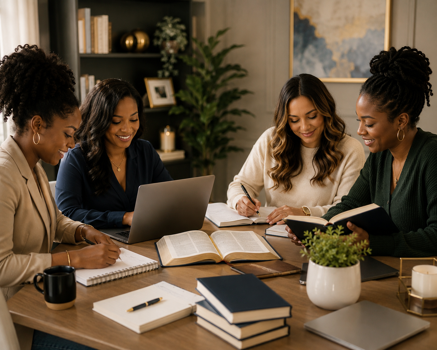Four women sitting around a table, engaged in a study session with books, notebooks, and a laptop, in a cozy, well-decorated room with a bookshelf, plant, and artwork.