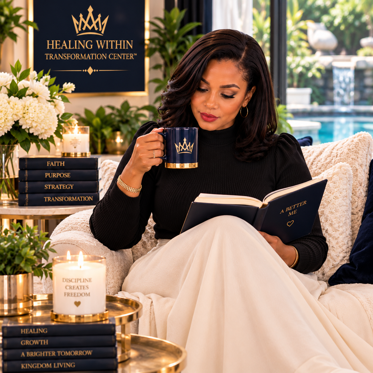 A woman sitting on a beige couch, drinking from a navy blue mug with a gold crown logo, while reading a navy blue book with 'A Better Me' on the cover. The room has candles, flowers, and a table with books titled 'Faith, Purpose, Strategy, Transformation' and 'Healing, Growth, A Brighter Tomorrow, Kingdom Living'. A sign in the background reads 'Healing Within Transformation Center'.