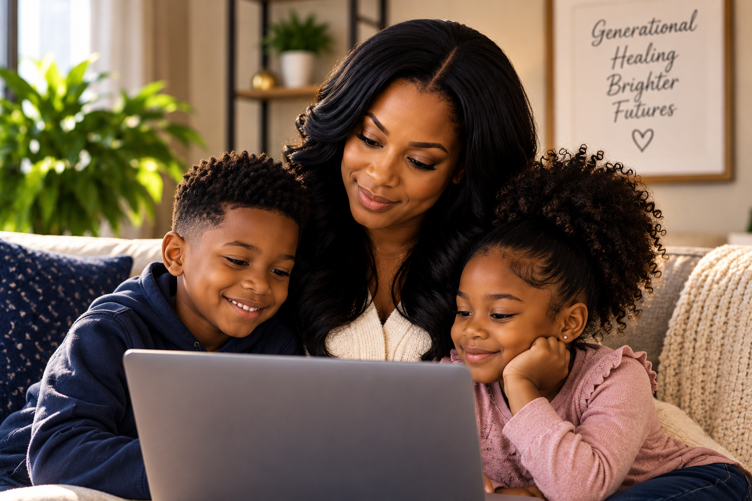 A woman and two children, a boy and a girl, sitting on a couch and looking at a laptop together, smiling.