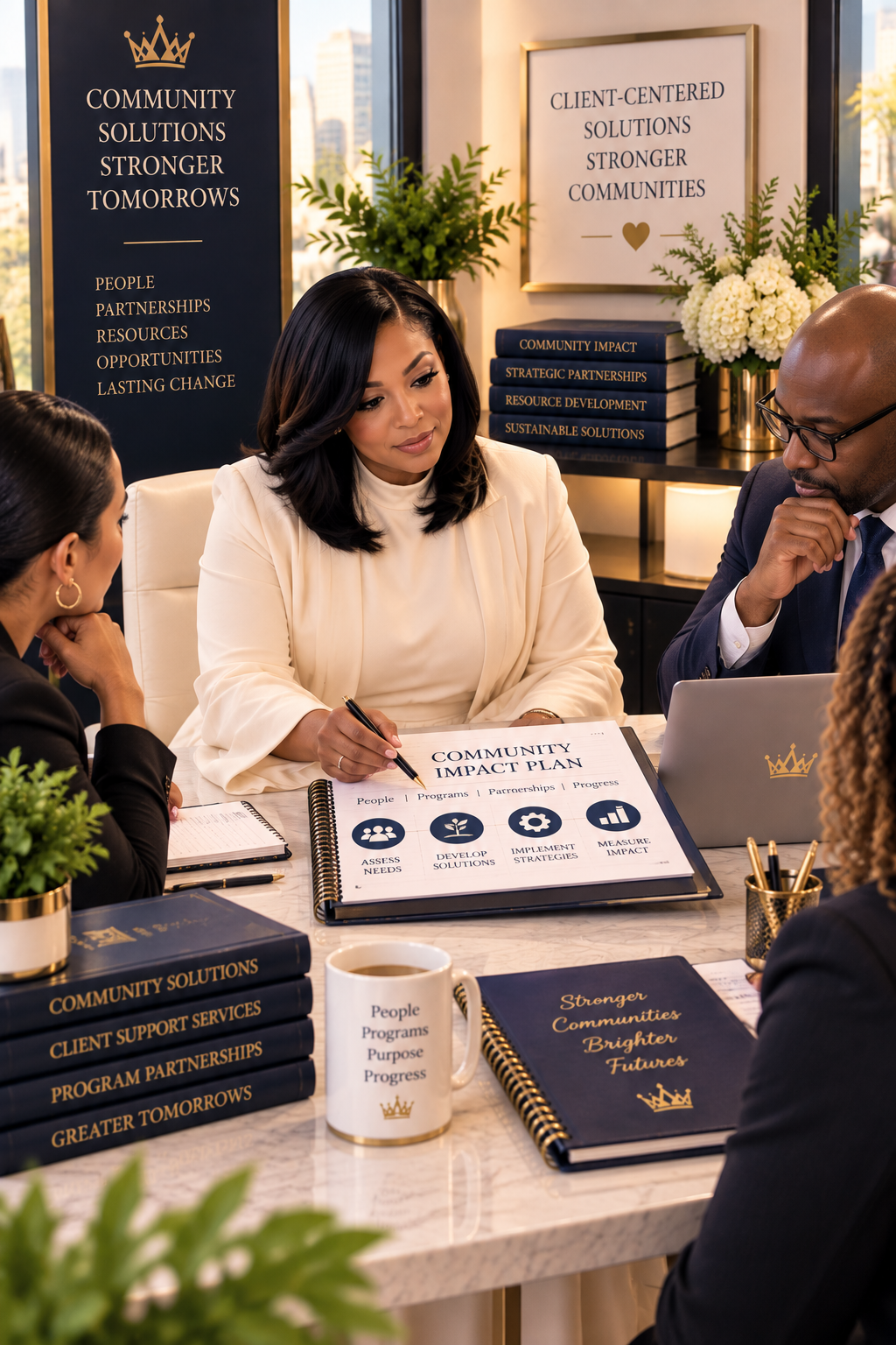 A group of diverse professionals sitting around a table in a modern office, engaged in a community impact planning meeting with notebooks and a laptop. Behind them are posters and books emphasizing community solutions, partnerships, and sustainable development, with flowers and cityscape windows in the background.