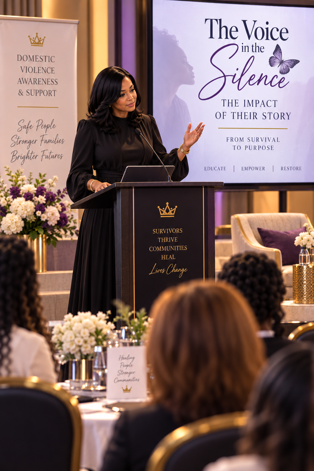 Woman speaking at a podium during a conference about domestic violence awareness. The background screen displays the title 'The Voice in the Silence' and the subtitle 'The Impact of Their Story.' There are floral arrangements on the stage and attendees seated at tables.