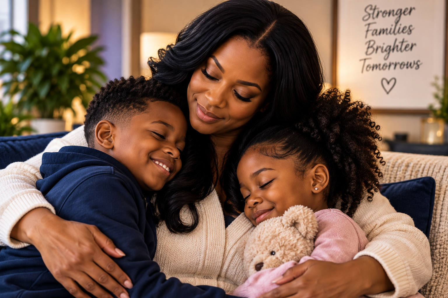 A woman with two children hugging and smiling in a cozy living room.