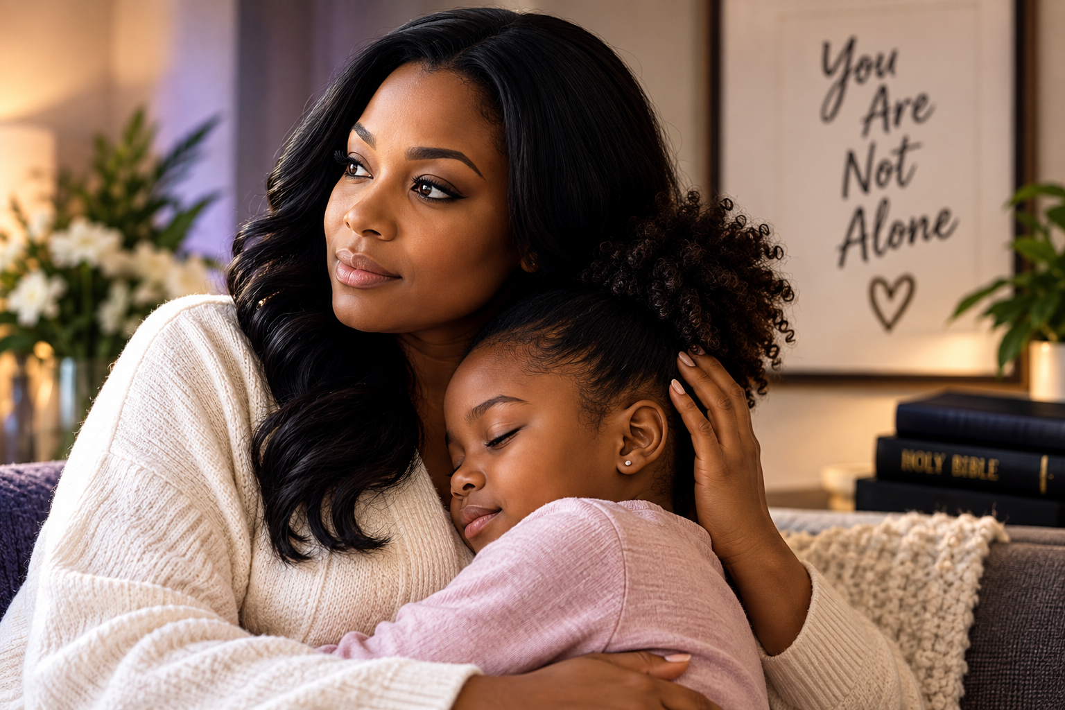 A woman hugging a young girl in a cozy living room with a sign that reads 'You Are Not Alone' and a Bible in the background.