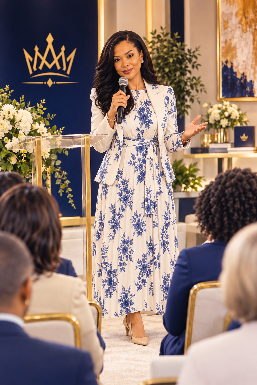 A woman standing at a podium, holding a microphone, speaking to an audience in a formal setting decorated with flowers and gold accents.