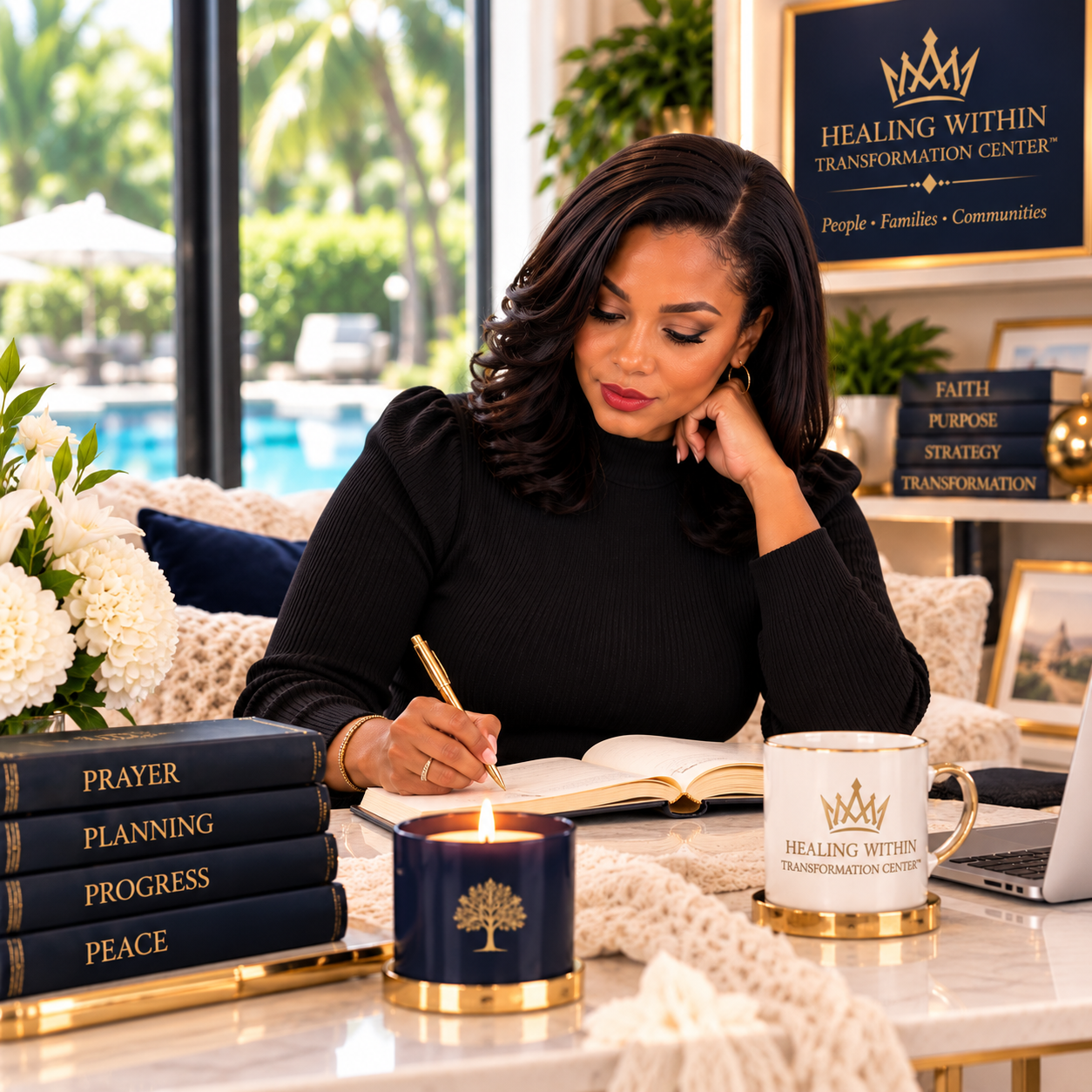 A woman with dark hair and red lipstick sits at a table, writing in a notebook with a gold pen. The table has books labeled 'Prayer,' 'Planning,' 'Progress,' and 'Peace,' a lit candle, and a white mug with 'Healing Within Transformation Center' logo. Behind her, a blue sign reads 'Healing Within Transformation Center, People • Families • Communities.' The background features a window overlooking a pool and greenery, with decorative books and framed photos on the shelves.