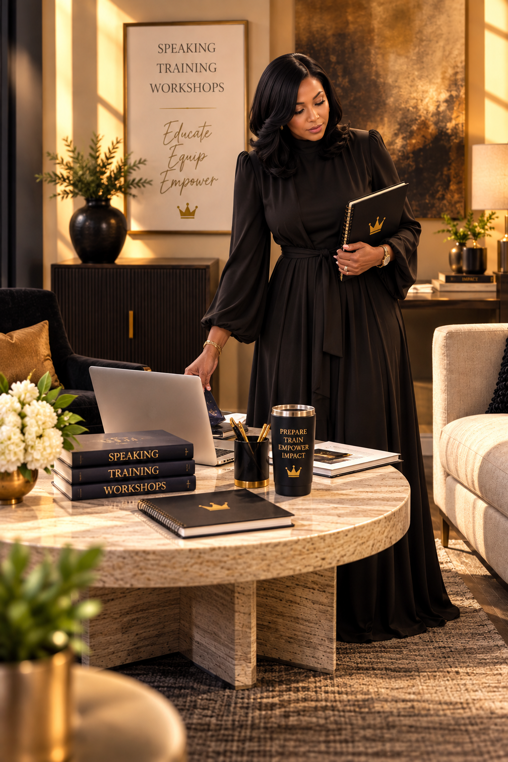 A woman in a black dress standing in a luxurious, well-decorated office, holding a black notebook with a gold crown. On the desk are books titled 'Speaking,' 'Training,' and 'Workshops,' a laptop, a black tumbler with gold text, and various office supplies. Behind her, a sign reads 'Speaking Training Workshops' with the words 'Educate, Equip, Empower' and a gold crown.